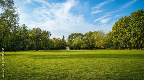 Vacant campsite area with grass lawn and trees under sunny sky near the park