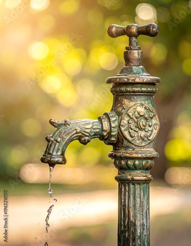 Close-up of an ornate vintage water tap with dripping water and a blurred background