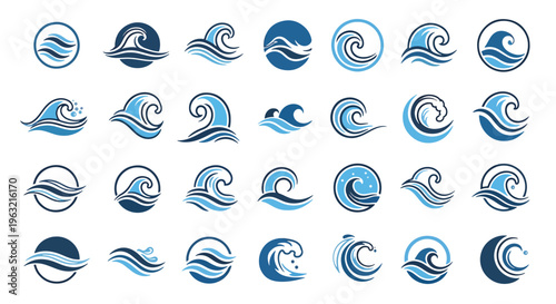 Collection of blue wave icons in various styles and shapes