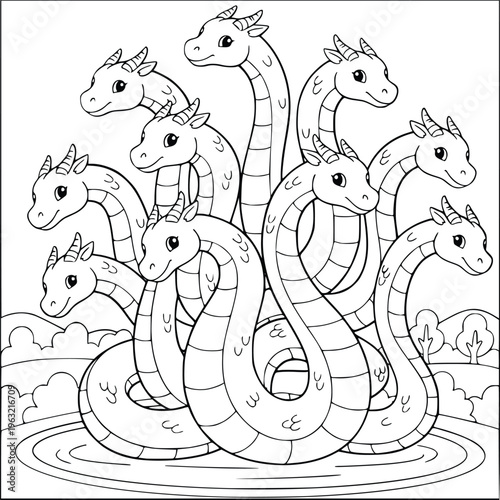 Coloring book page with a cute multi headed hydra coiled in a small pond
