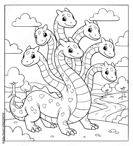  Coloring book page with a cute seven headed hydra by a winding river path