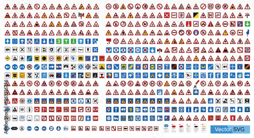 Collection of various road and warning signs on white background