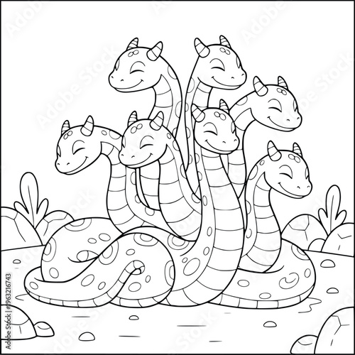 Coloring book page with a cute seven headed hydra resting on the ground