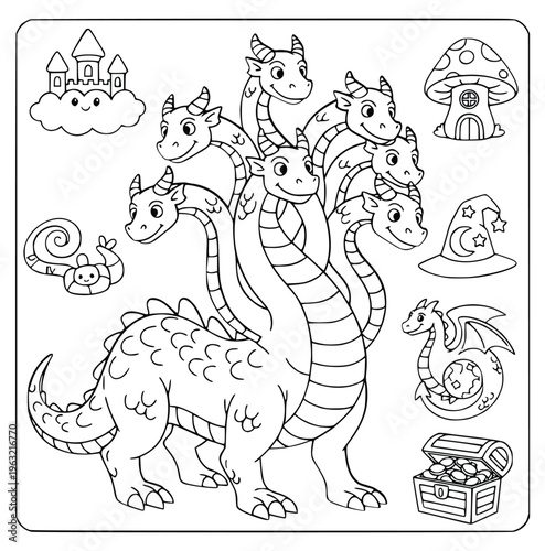 Coloring book page with a cute seven headed hydra and various magic icons