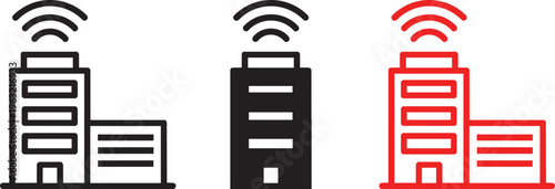 smart building icons with wireless signal waves representing internet of things and connected office infrastructure