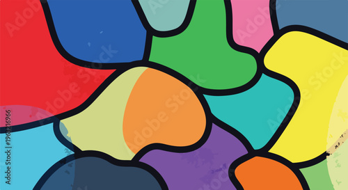 Colorful abstract artwork of overlapping, irregularly shaped, colored areas