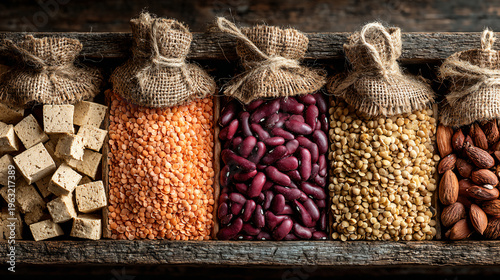 Vegan protein sources flatlay. highlighting healthy eating choices.