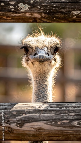 Close-up of an ostrich peering through a wooden fence with sunny background