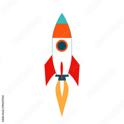 Rocket Ship Launching with Flames - Cartoon Illustration, Space Exploration, Kids Design, Startup Concept, Graphic Element, Futuristic, Bright Colors, Isolated on White Background
