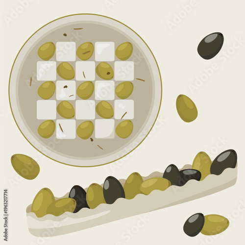 Feta Cheese Plate with Green and Black Olives Illustration