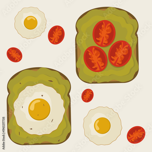 Avocado Toast with Fried Egg and Tomatoes Food Illustration