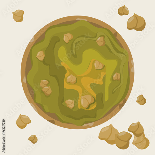 Homemade Hummus Bowl with Chickpeas Top View Illustration