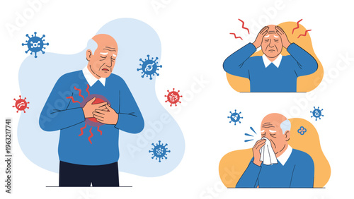 Elderly man experiencing various health symptoms including chest pain, severe headache, and coughing from a sudden viral infection.