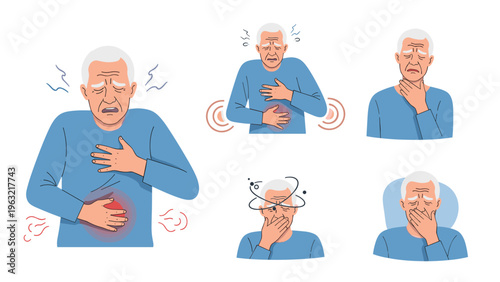 Senior man showing multiple points of physical discomfort such as chest pain, stomach ache, sore throat, and dizziness in several views.