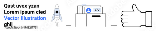 Career growth, recruitment, approval process, document management, job search, startup culture. A rocket, a CV folder and a thumbs up icon. Recruitment and career growth concepts
