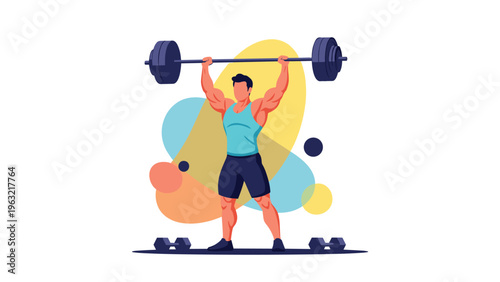 Strong male bodybuilder lifting a heavy barbell over his head during a weightlifting session with a colorful abstract background.