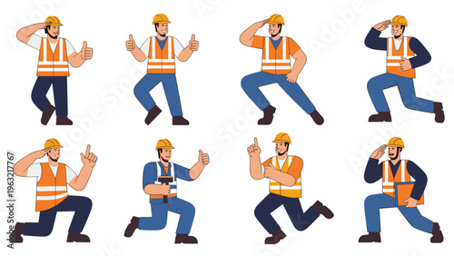 Construction worker in a safety vest and hard hat demonstrating different work poses including thumbs up and giving directions.