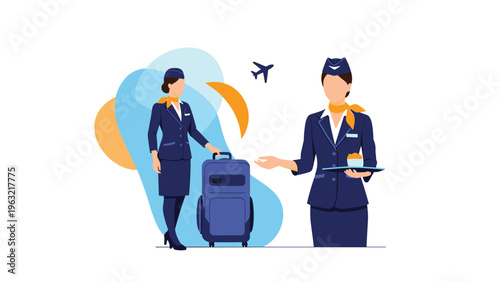 Professional flight attendants in blue uniforms managing luggage and serving food while an airplane flies in the clear sky background.