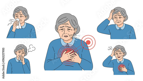 Elderly woman character exhibiting different health symptoms including coughing, chest pain, headache, and shortness of breath.
