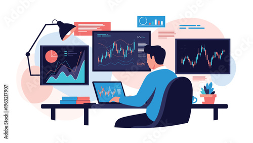 Professional stock market trader working at a desk with multiple computer screens displaying complex financial data and graphs.