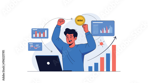 Excited male investor celebrating financial victory and high returns while sitting at a computer with positive market indicators.