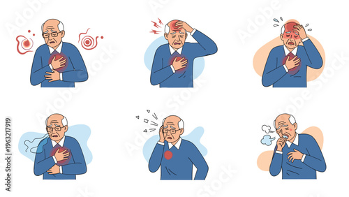 Senior man experiencing multiple health issues such as heart pain, severe headache, coughing, and breathing difficulties.