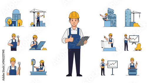 Construction worker character set showing a male builder in a blue jumpsuit and yellow hard hat at different work stages.