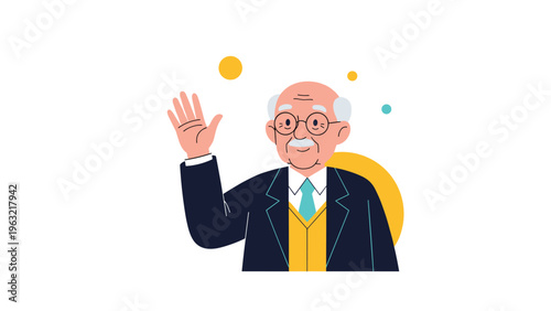 Friendly senior gentleman wearing a business suit and glasses waving his hand in a welcoming gesture.