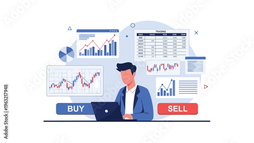 Financial analyst or trader analyzing multiple data screens and candlestick charts for buying or selling opportunities.