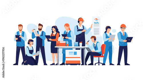 Group of diverse industrial or office professionals in blue uniforms working together in a collaborative environment.