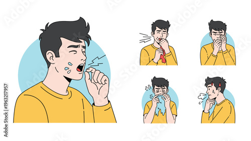 Young man exhibiting common cold or flu symptoms including sneezing, coughing, runny nose, and feeling feverish.