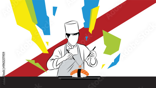 Professional sushi chef meticulously preparing fresh salmon nigiri against a vibrant and artistic abstract background.