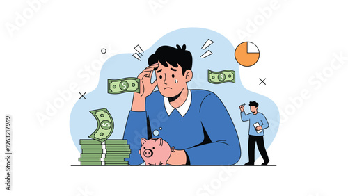 Stressed man crying over a nearly empty piggy bank as his savings or income decreases due to economic crisis.