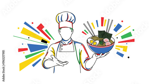 Culinary professional presenting a delicious bowl of ramen with eggs and seaweed against a colorful explosive background.