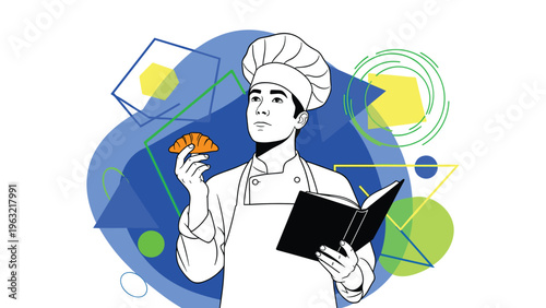 Professional pastry chef wearing a white toque and apron holding a fresh croissant and a recipe book.