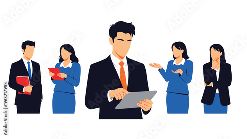 Team of business professionals in formal attire collaborating with a central figure using a digital tablet for management.