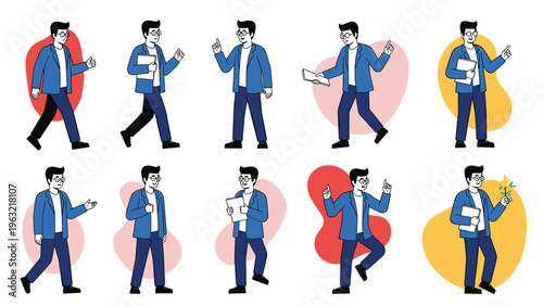 Professional male character set wearing a blue jacket and glasses in various poses such as walking and taking notes.