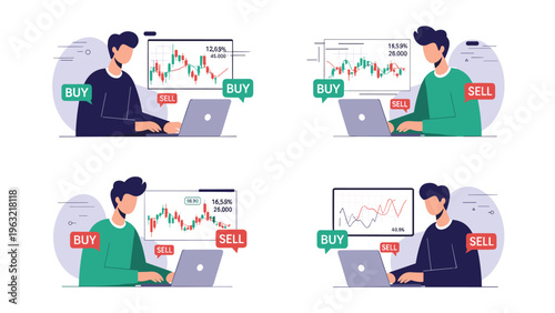 Online stock trading interface with multiple panels showing traders analyzing market trends and executing buy or sell orders.
