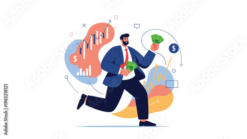 Successful businessman running with fistfuls of cash while surrounded by rising financial charts and positive market indicators.