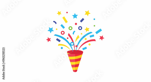Colorful festive party horn with confetti and stars