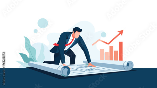 Professional architect or engineer leaning over a large architectural blueprint on a table with a growth chart in view.