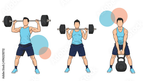 Athletic man performing different strength training exercises including an overhead barbell press and lifting a heavy kettlebell.