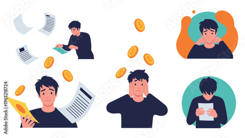 Stressed young man overwhelmed by financial debt and falling coins shown in several scenes of deep anxiety and worry.