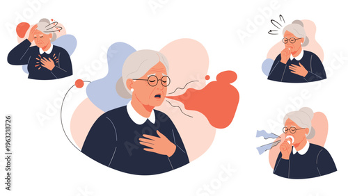 Elderly woman suffering from respiratory distress and heart pain with various scenes showing coughing and breathing difficulty.