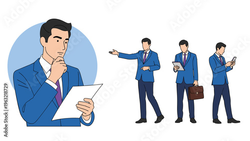 Professional businessman in a blue suit demonstrating various activities such as thinking, presenting, and using mobile devices.