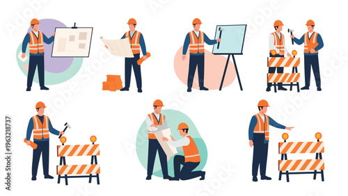 Group of construction workers in safety uniforms performing various tasks such as planning, presenting, and site maintenance.
