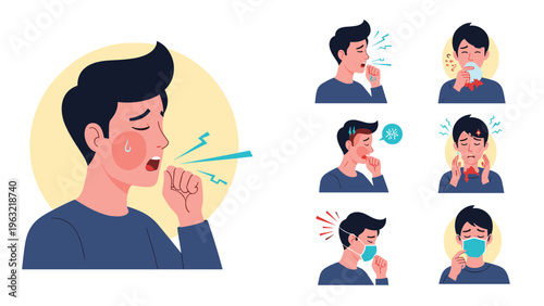 Young man showing the progression of illness symptoms including coughing, fever, and wearing a medical mask for protection.