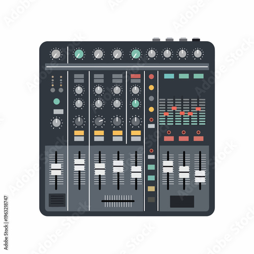 Audio mixing console with multiple channel faders and knobs on white background