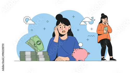 Stressed woman managing her finances with stacks of cash, a piggy bank, and showing signs of deep worry and concern.