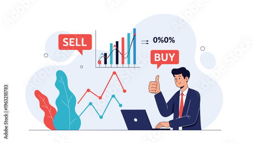 Successful businessman giving a thumbs up next to his laptop and rising financial charts on a bright blue background.